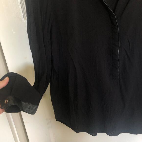 Philosophy Black Sheer Faux Leather Trim Blouse Large Long Sleeve Minimalist - Picture 3 of 10